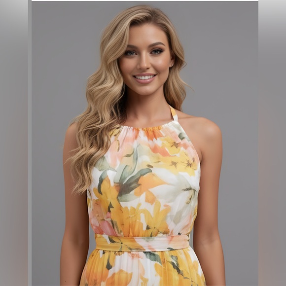 Boho Floral Print Chiffon Halter Dress - Picture 2 of 6